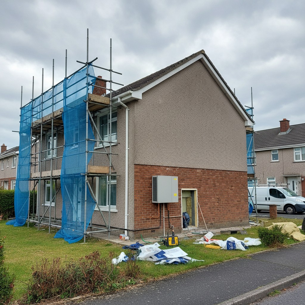 An exterior of a house under construction, with blue netting and scaffolding.