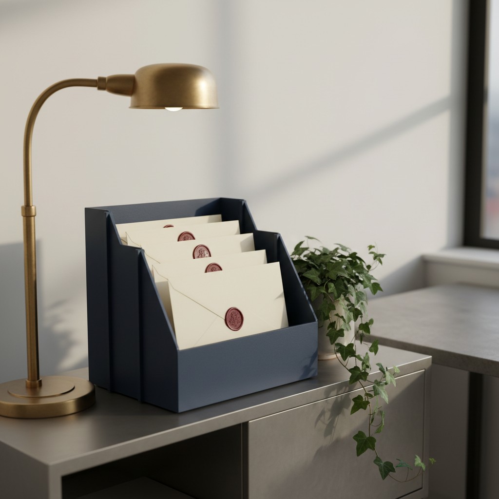 A room with natural light, featuring a desk and a blue envelope organizer, with a small plant on the right of the organizer.