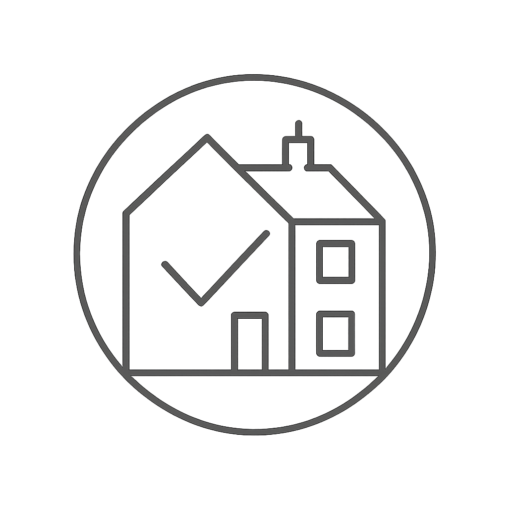 A clean, minimalist Irish semi-detached house silhouette (1970s pebbledash style, recognisable gable and chimney) in deep Irish green #006644 on a white circle background. Inside the house outline is a bold white checkmark (tick). To the right of the icon, 'Done For You' in Domine font, dark grey #222222, and below in smaller Inter font: '.ie' in same green #006644. Style: ultra-clean, trustworthy, modern but not techy. Final logo must work at small and large sizes, square or horizontal.